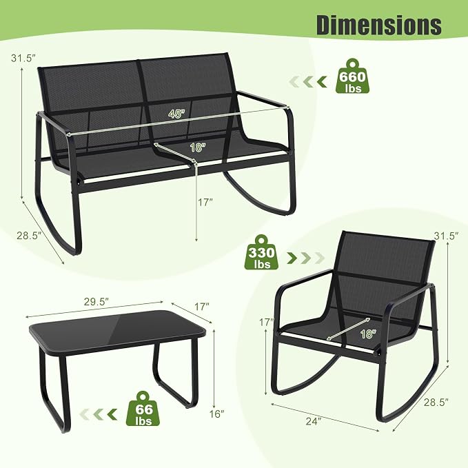 HAPPYGRILL 4 Pieces Patio Rocking Furniture Set with Loveseat, 2 Rocking Chairs & Glass-Top Coffee Table, Outdoor Porch Rocker Chair Conversation Set for Balcony, Poolside, Garden, Backyard (Black)