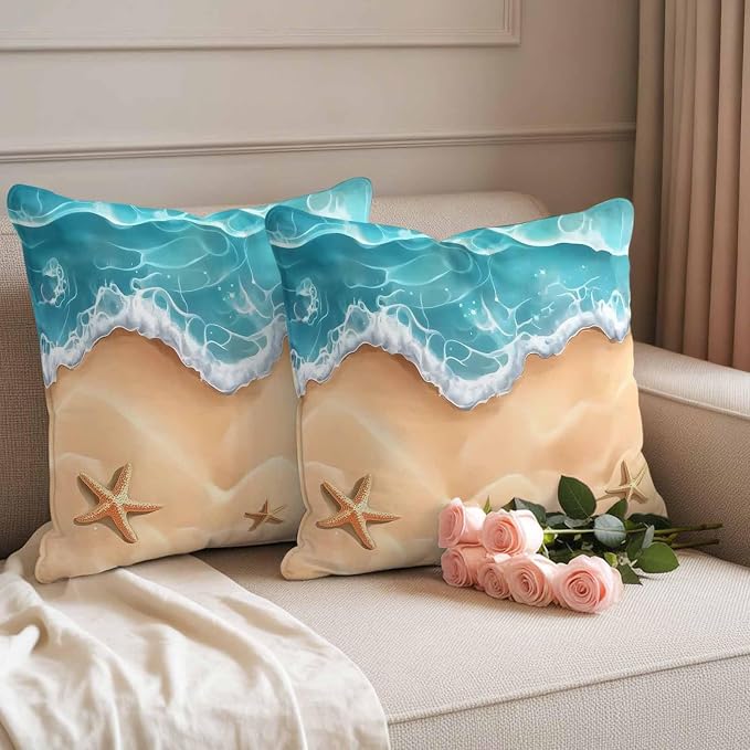 Ocean Beach Waterproof Outdoor Pillow Covers Set of 2 Home Decor, Starfish Sea Waves Coastal Seaside Sand Pillowcase Patio Pillow Covers for Couch Bench Furniture Garden 20x20in