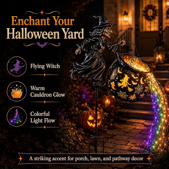 Halloween Witch Cauldron Garden Light,Colorful Flowing Waterfall LED Stake with Flying Witch Projector for Outdoor Yard Lawn Patio Pathway Decor
