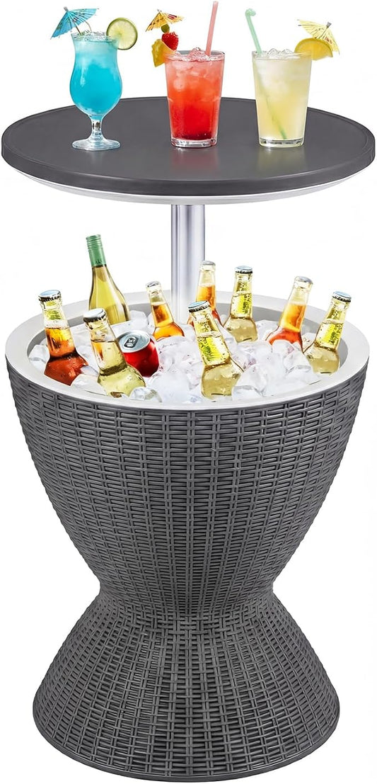 Tangkula Outdoor Cooler Table, Multi-Functional Cooler Bar Table, Adjustable Height Ice Cooler Side Table w/Drain Plug, 8 Gallon Beer & Wine Cooler, Rattan Style Patio Furniture for Pool Parties