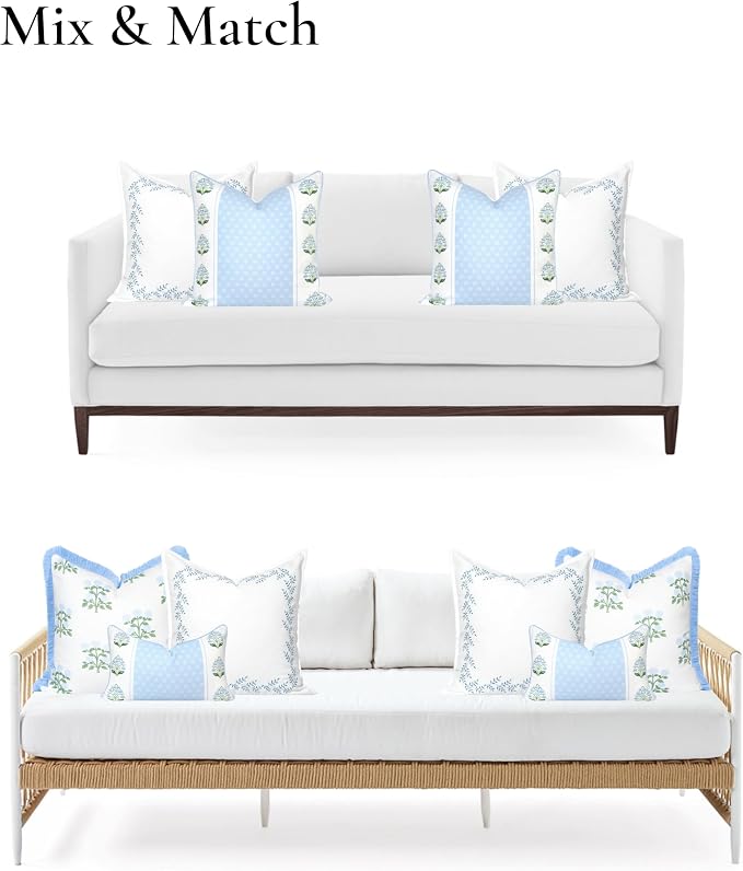 Hofdeco Premium Grandmillennial Coastal Hampton Patio Indoor Outdoor Throw Pillow Cover Only, 20"x20" Water Repellent for Backyard, Couch, Poolside, Baby Blue Embroidered Leaves Frame
