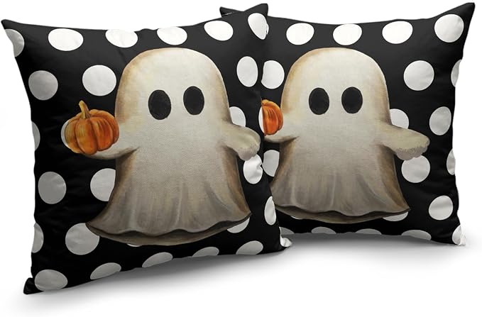 Ghost Pillow Covers Halloween Decorative Pillow Covers 18x18 Set of 2 Gus Ghost and Pumpkin Pillow Case White Polka Dot Spooky Throw Pillow Covers for Home Sofa Outdoor Decoration