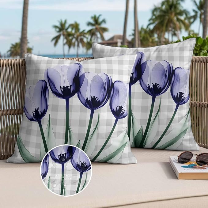 Light Purple Tulip Waterproof Outdoor Pillow Covers Set of 2 Home Decor, Farmhouse Flowers Grey Checkered Pillowcase Patio Pillow Covers for Couch Bench Furniture Garden 16x16in