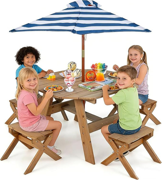 HONEY JOY Kids Picnic Table, Fir Wood Octagon Table & 4 Stool Set, Stripe Fabric Umbrella, Toddler Picnic Table for Outdoors, Children Backyard Furniture for Patio Garden (Natural)