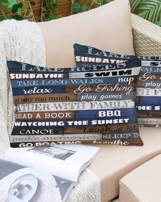 Vandarllin Outdoor Throw Pillows Covers 20x12 inch Set of 2 Waterproof Lake Rules on Wood Grain Decorative Zippered Cushion Covers for Patio Furniture, Rustic Text Wooden Lumbar Pillowcases