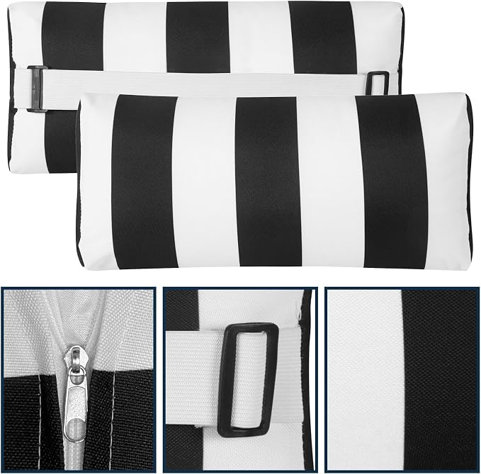 Outdoor Pillow for Chaise Lounge Chair, 2pcs Striped Chaise Lounge Pillows, Adjustable Strap Head Lumbar Pillow for Patio Pool Beach Office, Black