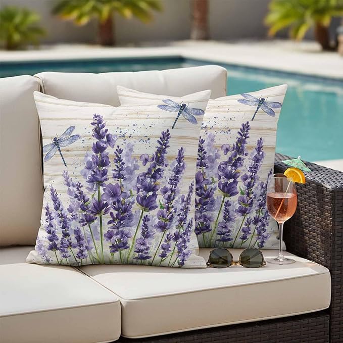 Outdoor Waterproof Throw Pillow Covers Set of 2 Lavender Flower Pillowcases 20x20 Inches Purple Floral Dragonfly Wood Decorative Pillows Cushion Case Patio Pillows for Couch Bed Chair Garden
