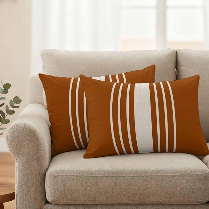 Lumbar Pillow Covers 20x12 Inch Set of 2, Burnt Orange Beige Striped Waterproof Outdoor Cushion Covers, Modern Farmhouse Retro Lines Decorative Pillowcases for Couch, Sofa, Bed, Garden, Patio