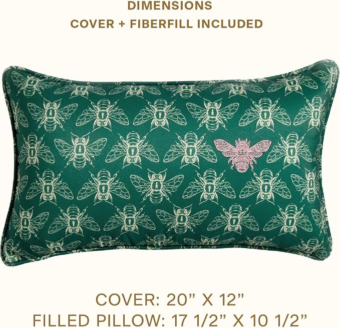 Honeycomb Indoor/Outdoor Lumbar Pillow for Patio Furniture, 20 x 12 | Royalty Green Embroidered Bumble Bee Throw Pillow, Water & Fade Resistant for Patio Furniture Set