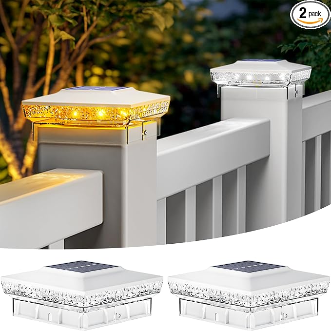 btfarm 2 Pack Solar Post Cap Lights Outdoor, 2 Mode 16 LED Fence Post Light Fit 4x4 3.5x3.5 Wooden/Vinyl, Waterproof Bright Solar Powered Lights Outside for Deck Patio Porch Garden Decoration, White