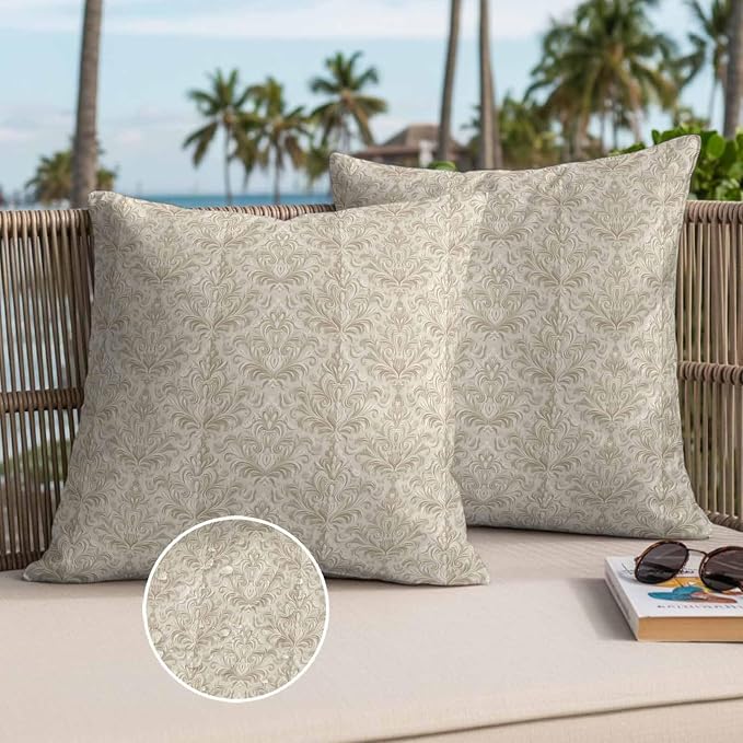 Beige Baroque Waterproof Outdoor Pillow Covers Set of 2 Home Decor, Farmhouse Scroll Floral Pattern Art Pillowcase Patio Pillow Covers for Couch Bench Furniture Garden 20x20in