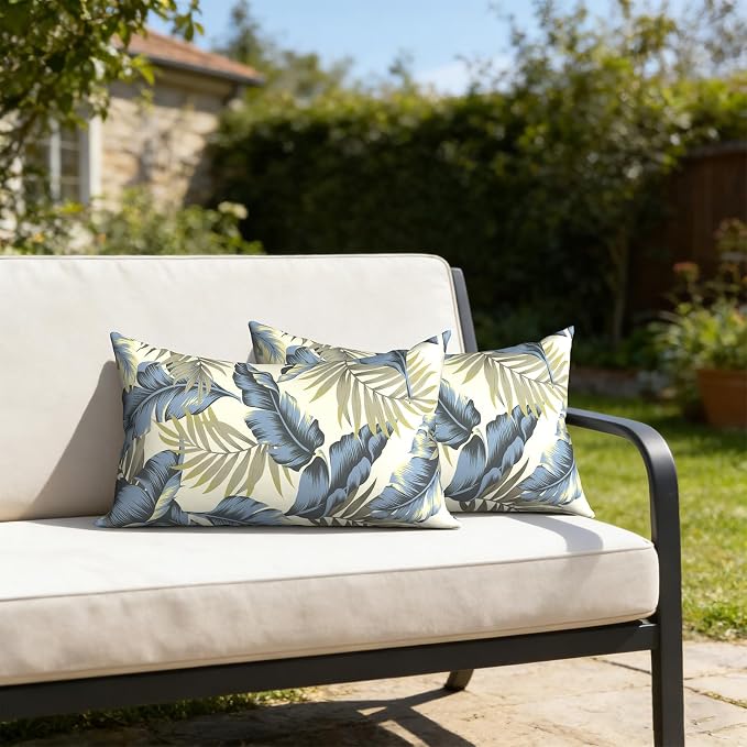 12x20 Inch Lumbae Pillow Covers, Rectangle Waterproof Throw Covers Set of 2, Decorative Patio Furniture Cushion Cases for Porch Garden, Lush Palm Blue