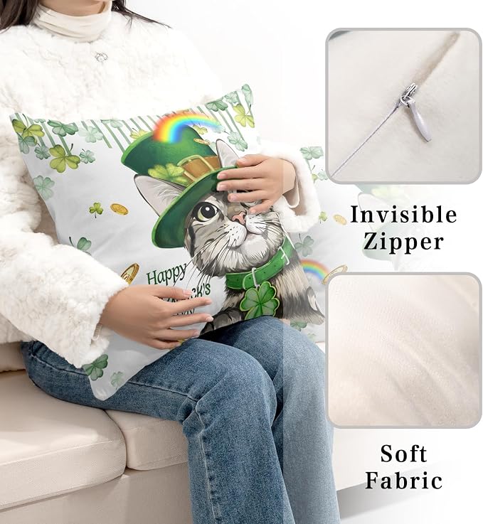 Happy St Patricks Day Pillows Covers 20x20 Pack of 2 Lucky Cat Clover Pillow Covers Rainbow Gold Coin Shamrock Decorative Pillow Cases Cushion Case for Living Room Couch Sofa