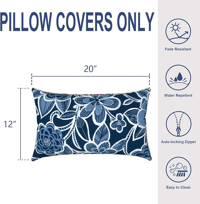 Outdoor Lumbar Pillows, Water Repellent Cushion Pillows 12x20 Inch, Outdoor Pillows with Inserts for Home Garden, Pack of 2, Flower Navy