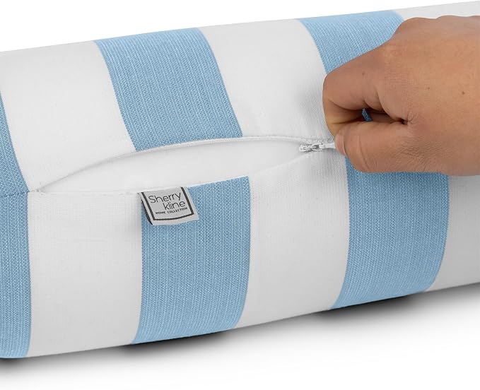 Sherry Kline Cabana Stripe Set of Two Zippered & Corded Neckroll Bolster SkyBlue/White