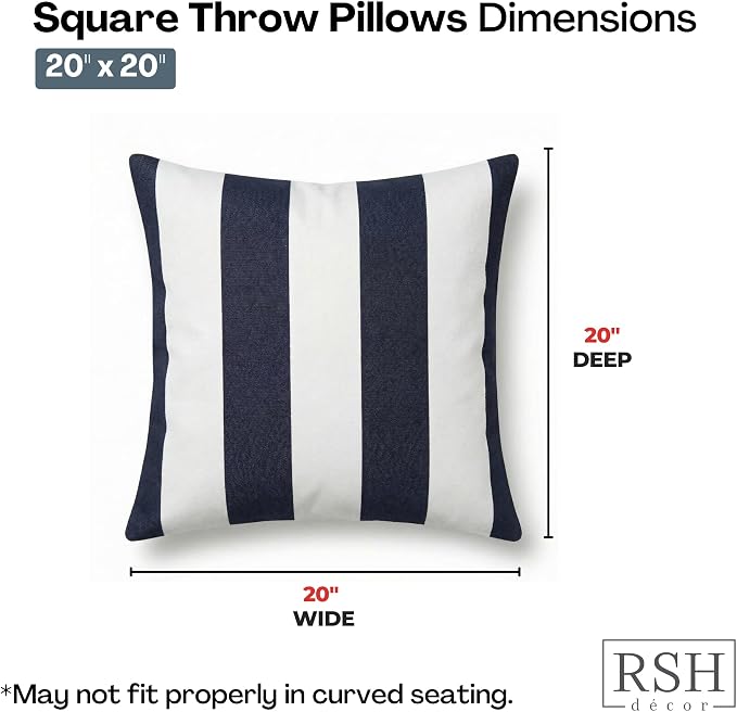 RSH DECOR: Sunbrella Square Throw Pillows Set of 4 | 20" x 20" | Water & Fade-Resistant | Outdoor Pillow Covers with Down-Alternative Inserts | Made in USA (Cabana Midnight Navy Stripe)