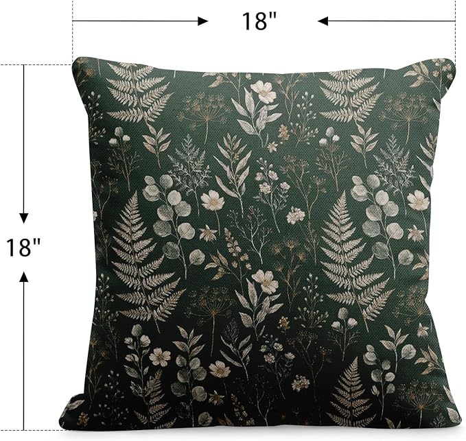 Throw Pillow Covers, Wildflower Eucalyptus, 18 x 18 Inch, Set of 2 | Cottagecore Farmhouse Garden Green Waterproof Outdoor Square Cushion Case Pillowcase for Couch Beach Patio