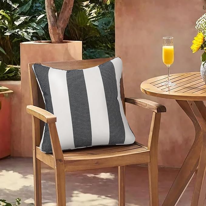 Outdoor Throw Pillow with Insert 18x18 Inch, Set of 2, Piping Edge Waterproof Fade Resistant Decorative Fluffy Pillows for Patio Furniture Chair Bench Couch Sofa - Black Ivory Striped