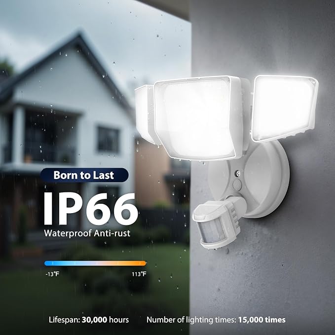 Onforu Outdoor Motion Sensor Light, Dusk to Dawn Outside Lighting, White | Hardwired 4-head 10000LM LED security floodlight, IP66 waterproof, movement detection, garage yard backyard driveway, 2 pack