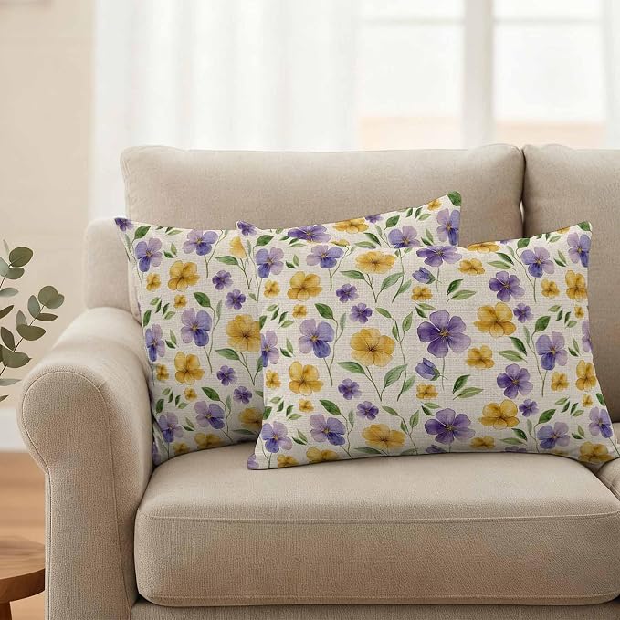Purple Yellow Flower Outdoor Pillow Covers Set of 2 Spring Green Leaf Watercolor Floral Farm Waterproof Throw Pillow Cover Decorative Cushion Cases for Patio Porch Garden 20X12 Inch