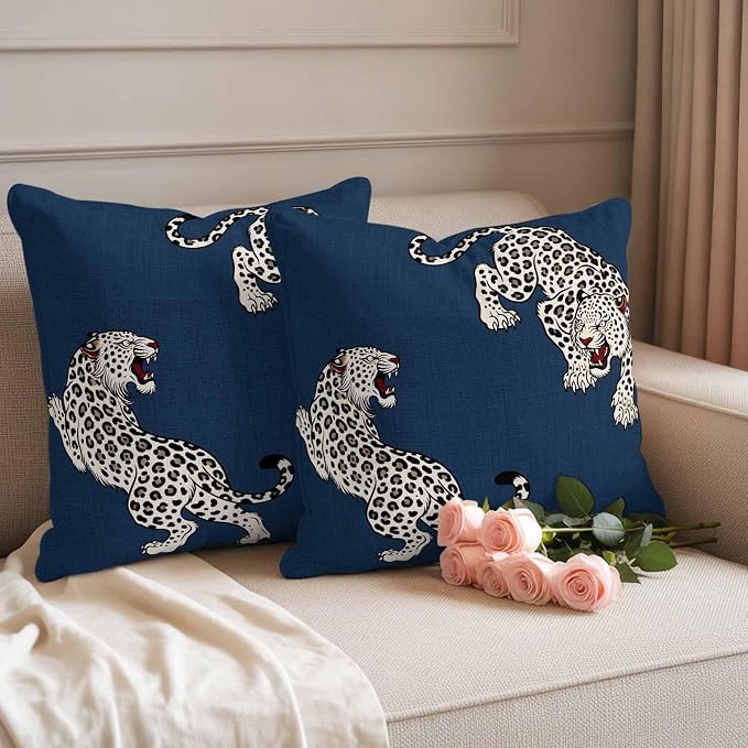 Vandarllin Outdoor Throw Pillows Covers 24x24 inch Set of 2 Waterproof Blue Leopard Decorative Zippered Cushion Covers for Patio Furniture, Bohemian Animal Print Lumbar Pillowcases