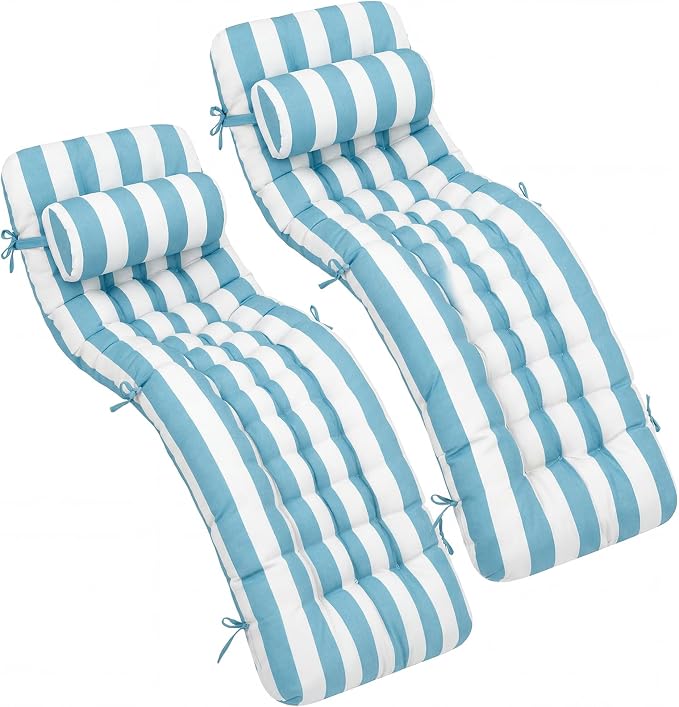 Tudomro Outdoor Chaise Lounge Cushion 66x21x4'' Waterproof & Fade-Resistant Patio Pool Chaise Lounge Cushion Headrest Pillow Tie Replacement Rocking High Back Chair(Blue, White Stripe,Set of 2)