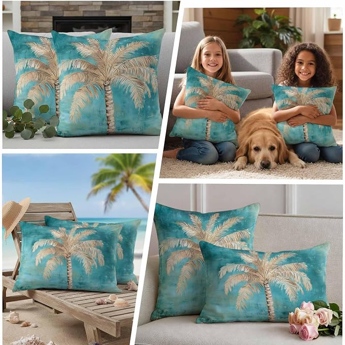 Coastal Beach Tree Outdoor Waterproof Pillow Covers, Vintage Teal Brown Decorative Square Throw Pillowcase, Tropical Palm Tree Sofa Cushion Sham for Patio/Couch/Chair, 16"x16" 2 Pack