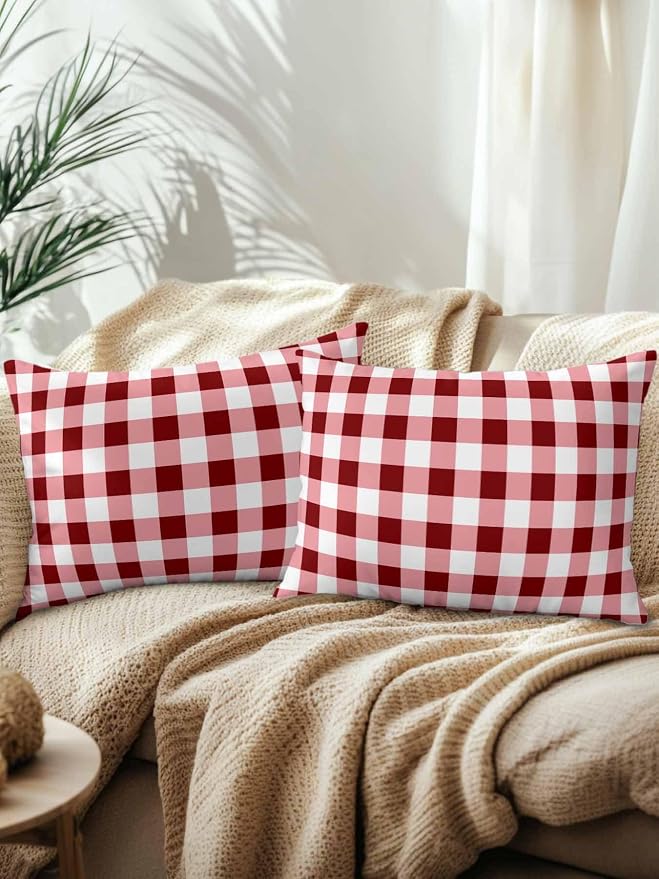 Waterproof Outdoor Pillow Set of 2 Red Check Buffalo Plaid Decorative Throw Pillows Cover & Insert 20x12 Inch Lumbar Pillowcase Check Lines Pillows for Couch Sofa Bed Patio Furniture Indoor Outdoor
