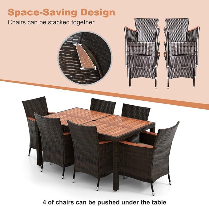 HAPPYGRILL 7 Pieces Rattan Wicker Patio Dining Set, Outdoor Dining Set with Cushions, Large Dining Table with Acacia Wood Top, Outside Dining Furniture Set with Umbrella Hole