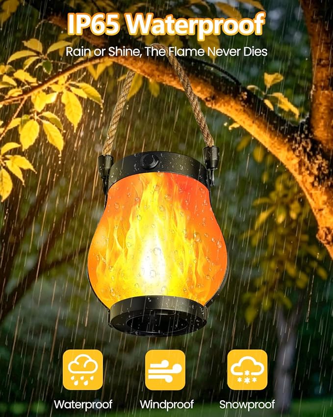 6 Pack Solar Lanterns Outdoor Waterproof, Solar Flame Lanterns with 2 Modes | Ultra-Real Flame, USB/Solar Charging, IP65 Waterproof, Hanging/Table Solar Lights Outdoor for Tree Garden Porch Yard Patio