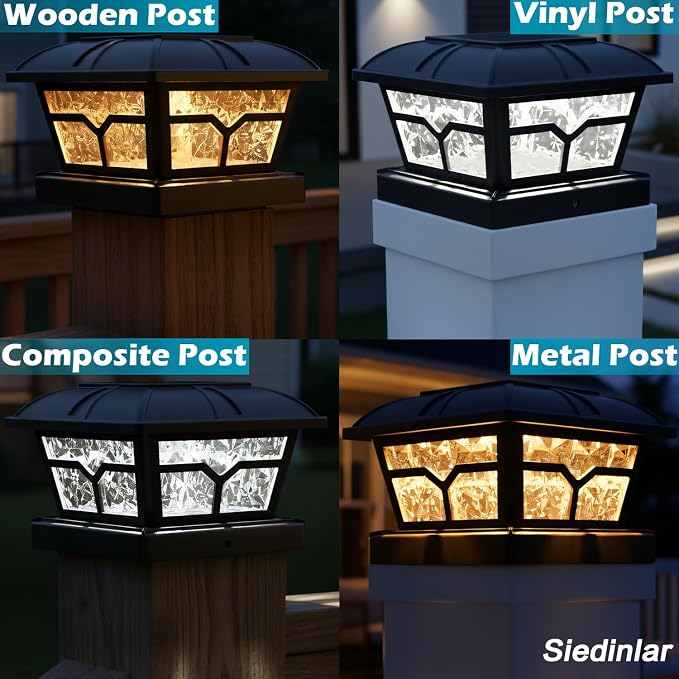 SIEDiNLAR Solar Post Cap Lights Outdoor 2 Color Modes 8 LEDs for 4x4 5x5 6x6 Wooden Vinyl Posts Fence Patio Deck Decoration Warm White & Cool White Lighting Black (10 Pack)
