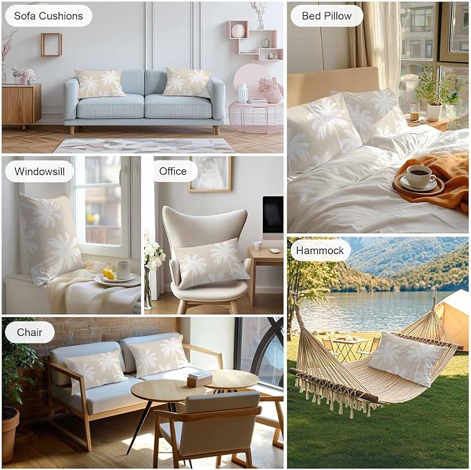Lumbar Pillow Covers 20x12 Inch Set of 2, Beige Palm Trees Waterproof Outdoor Pillow Covers, Farmhouse Tropical Summer Beach Decorative Cushion Pillowcases for Couch, Sofa, Bed, Garden, Patio