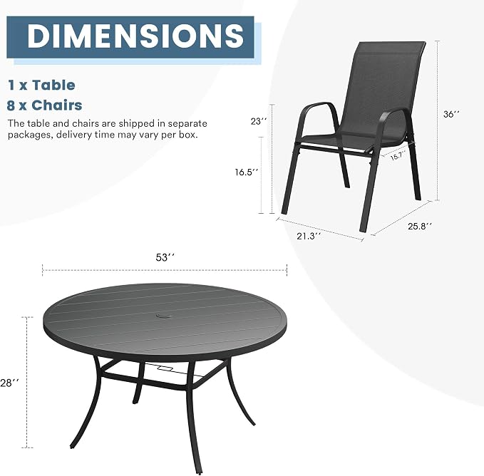 DIFY 9 Piece Outdoor Dining Set, 53" Black Round Metal Patio Table and Dark Grey Textilene Stackable Chairs for 8, All Weather Patio Furniture Set with Umbrella Hole for Backyard Garden Deck