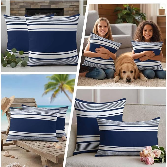 Vandarllin Outdoor Throw Pillows Covers 20x20 inch Set of 2 Waterproof Navy Blue Stripes Decorative Zippered Cushion Covers for Patio Furniture, Striped Lines Lumbar Pillowcases