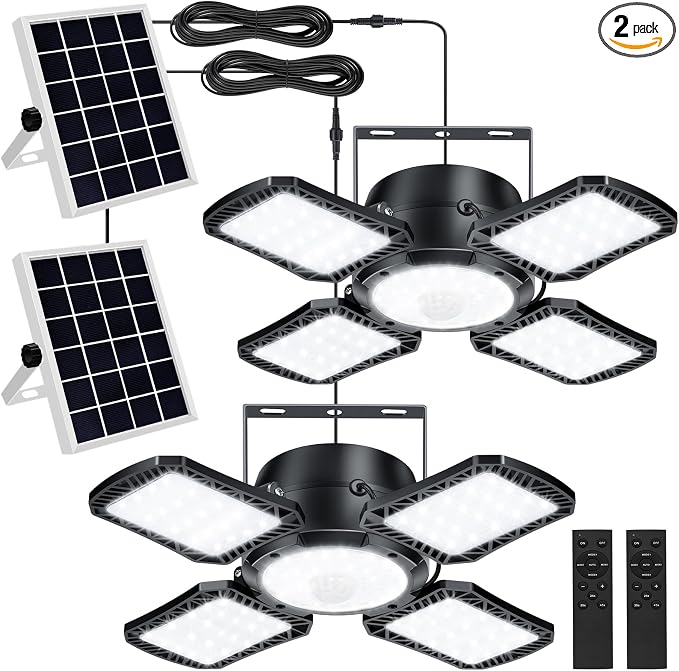 Solar Shed Light Outdoor Indoor, 176LED Solar Powered Motion Sensor Pendant Light Daytime Available, Solar Indoor Lights with 5 Lighting Modes & Remote for Shed Gazebo Barn Garage, 2 Pack