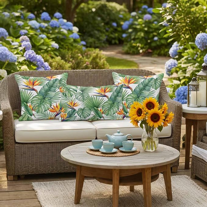 Tropical Plants Outdoor Pillow Covers 26x26 Inch Throw Pillow Covers Set of 2 Waterproof Decorative Pillow Cases Summer Palm Leaves Monstera Green Cushion Covers for Patio Furniture Garden Couch Sofa