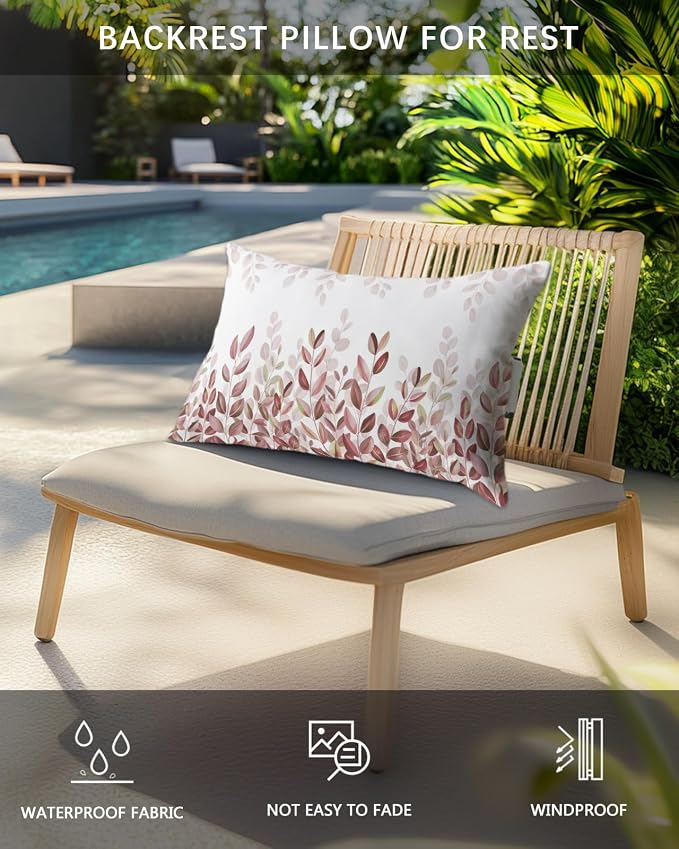 Outdoor Pillows Waterproof Covers Set of 2, Blue Eucalyptus Leaf Adjustable Elastic Chaise Lounge Headrest Pillow Covers, Spring Watercolor Leaves Lumbar Pillow for Pool Patio Furniture 11x16 Inch