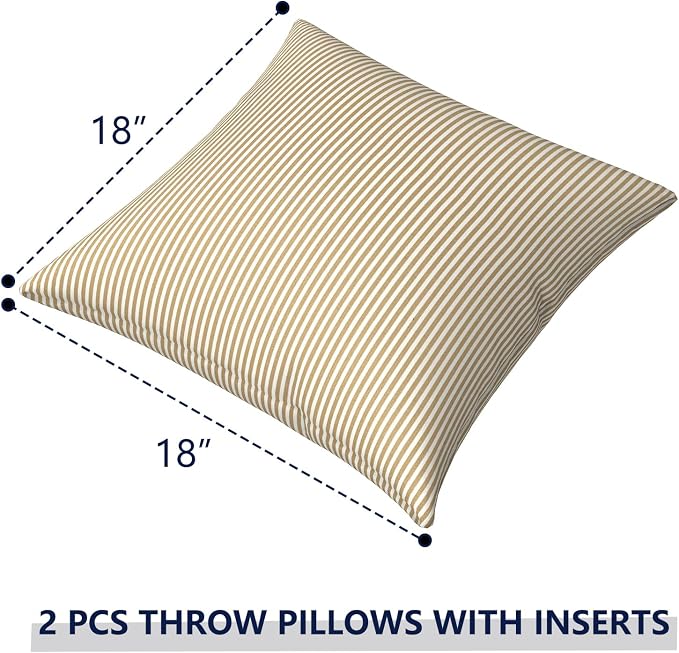 Outdoor Pillows for Patio Furniture 18x18 inch, Square Outdoor Throw Pillows with Inserts, Decorative Toss Pillows for Garden Couch Home Sofa Office Chair, Pack of 2, Stripe Beige