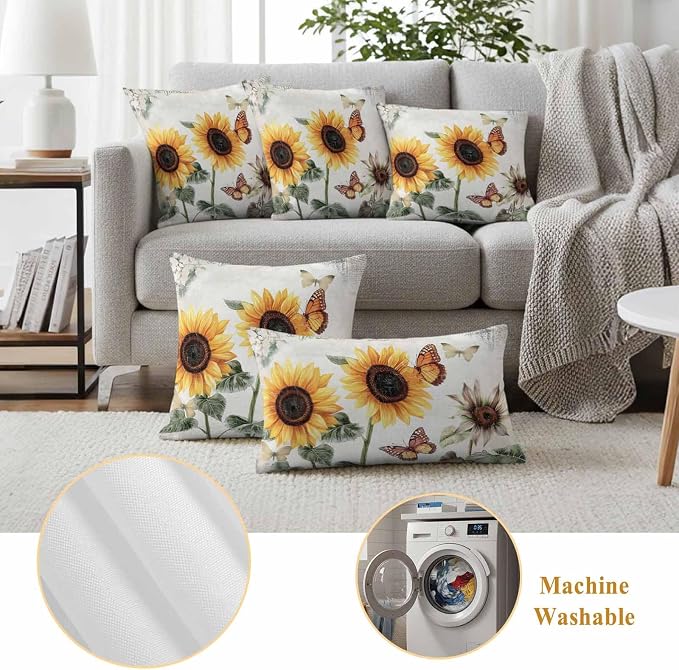 Sunflower Outdoor Waterproof Throw Pillow Covers Set of 2, 24"x24", Farmhouse Rustic Retro Summer Floral Butterfly Decorative Pillow Covers Outside Cushion Case for Patio Porch Garden