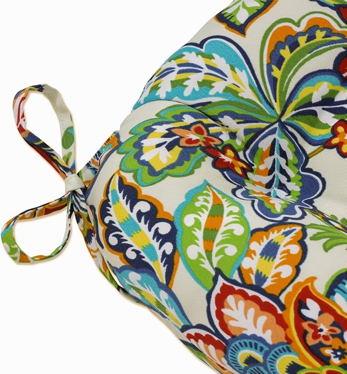 Pillow Perfect Bright Floral Indoor/Outdoor Tufted Wicker Seat Cushion With Ties, 2 Count, 15.5" x 16", Blue/Green Copeland