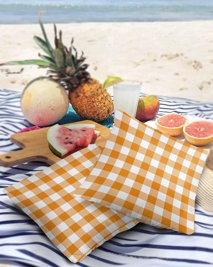 Outdoor Waterproof Throw Pillow Covers Set of 2 Orange Buffalo Check Plaid Pillowcases 20x20 Inches Farmhouse Style Patio Decorative Pillows Cushion Case Patio Pillows for Couch Bed Chair Garden