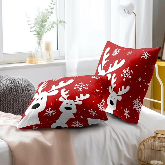 Christmas Reindeer Throw Pillow Covers 18x18 Inch Set of 2, Funny Deers Xmas Red Decorative Pillowcases Soft Square Cushion Cover for Couch Sofa Porch Winter Holiday Home Decor