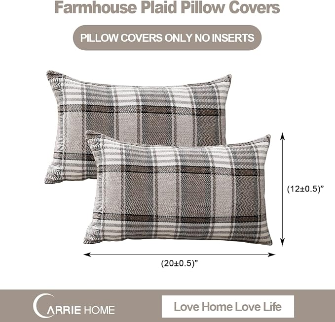 Brown Plaid Farmhouse Decorative Lumbar Pillow Covers 12x20 for Couch Sofa | Set of 2, Fall Winter Lumbar Pillow Covers 12 x 20, Cottage Core Decor, Vintage Rustic, 12x20 Accent Pillow Covers Only