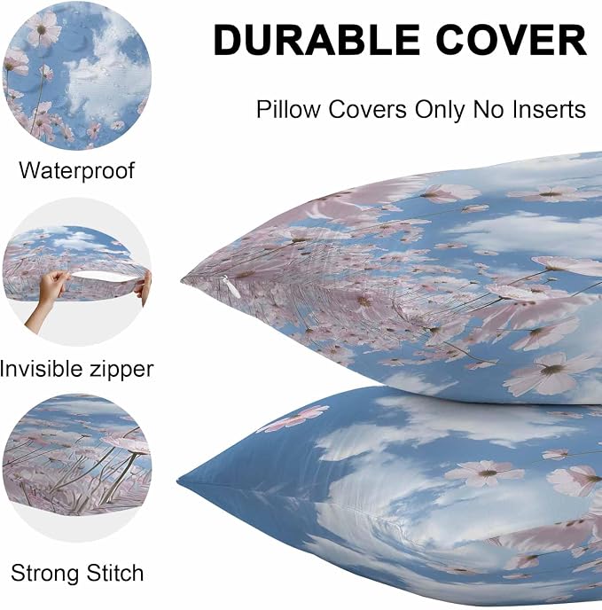 Vandarllin Outdoor Throw Pillows Covers 16x16 inch Set of 2 Waterproof Blue Sky Cloud Decorative Zippered Cushion Covers for Patio Furniture, Pink Flower Lumbar Pillowcases