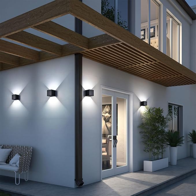 Mille Lucciole 2 Pack LED Outdoor Wall Lights Exterior/Interior, Up and Down Lights IP65 Waterproof Wall Sconces, Square Aluminum Outdoor Wall Lighting Fixtures, Modern Black 12W 6500K Cold Lights