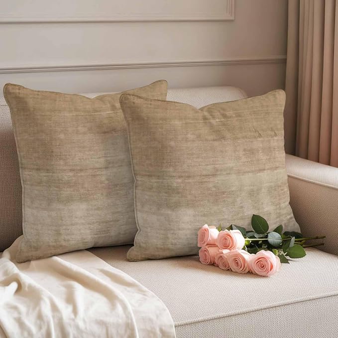 Vandarllin Outdoor Throw Pillows Covers 24x24 inch Set of 2 Waterproof Beige Linen Decorative Zippered Cushion Covers for Patio Furniture, Solid Color Texture Lumbar Pillowcases