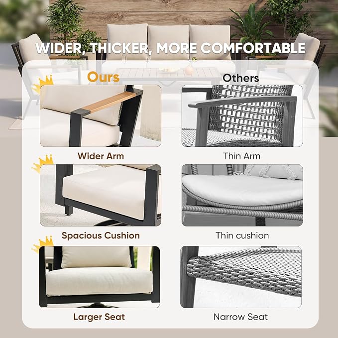 NATURAL EXPRESSIONS 4 Piece Patio Furniture Set, Outdoor Sectional Conversation Set with Handwoven Wicker Back & Fauxwood Tabletop, 3" Wide Arm with 6" Cushion, Metal Outdoor Couch for Porch, Yard