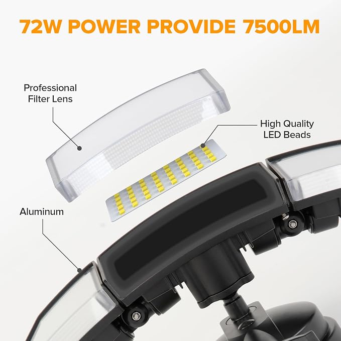 LUTEC 2 Pack 72W 7500LM LED Security Lights Motion Sensor Light Outdoor, 5000K Daylight, IP65 Waterproof, Dusk to Dawn, 3-Head Motion Detected Flood Light for Garage, Yard, Porch(Black)