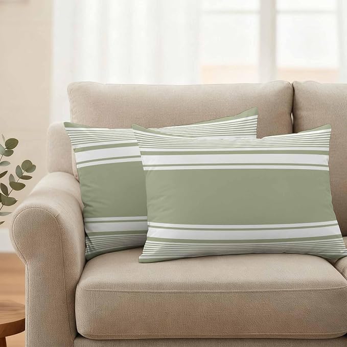 Vandarllin Outdoor Throw Pillows Covers 20x12 inch Set of 2 Waterproof Sage Green Stripes Decorative Zippered Cushion Covers for Patio Furniture, Striped Lines Lumbar Pillowcases