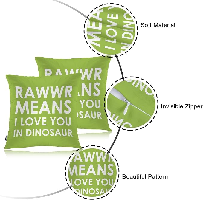 Swono Dinosaur Phrase Decorative Throw Pillows Covers, Rawwr Means I Love You in Dinosaur Square Pillow Cushion Covers for Man Woman, Pillowcases Decor for Home Sofa Bed Garden 2 Packs, 18x18 Inch
